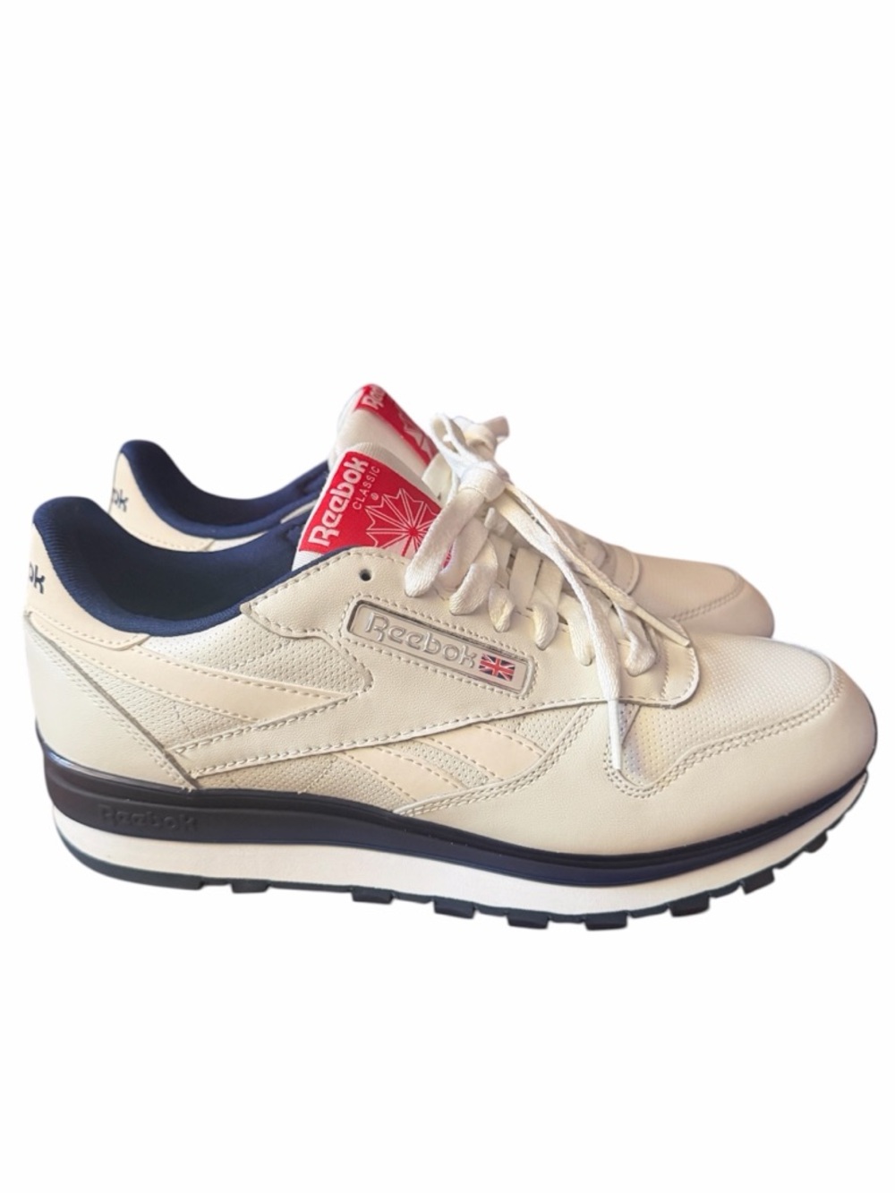 New Reebok Classic Leather Sneakers in Cream with Navy Trim